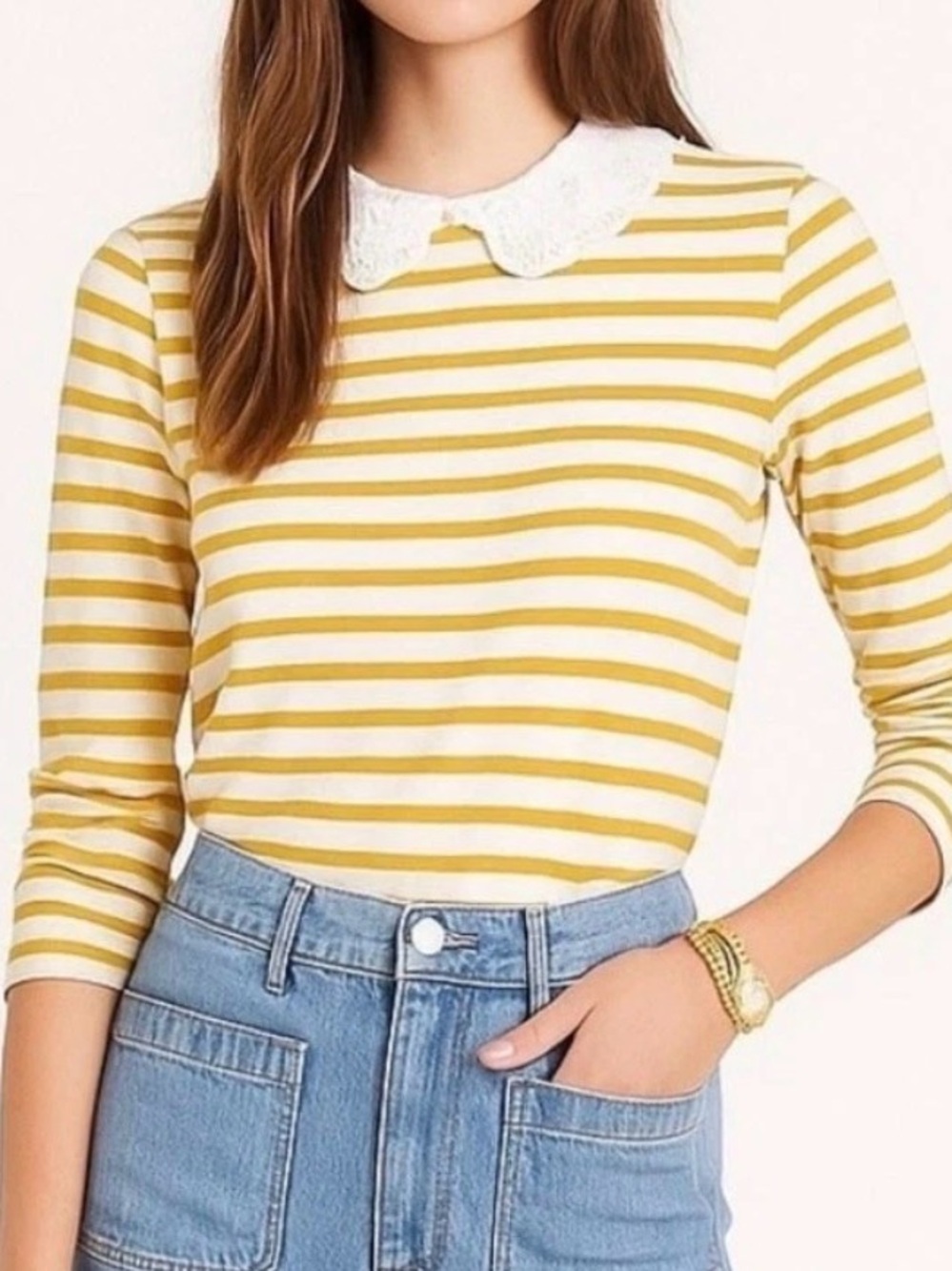 Boden Kathleen Yellow White Stripped Eyelet Peter Pan Collar Size 10 - Picture 2 of 7
